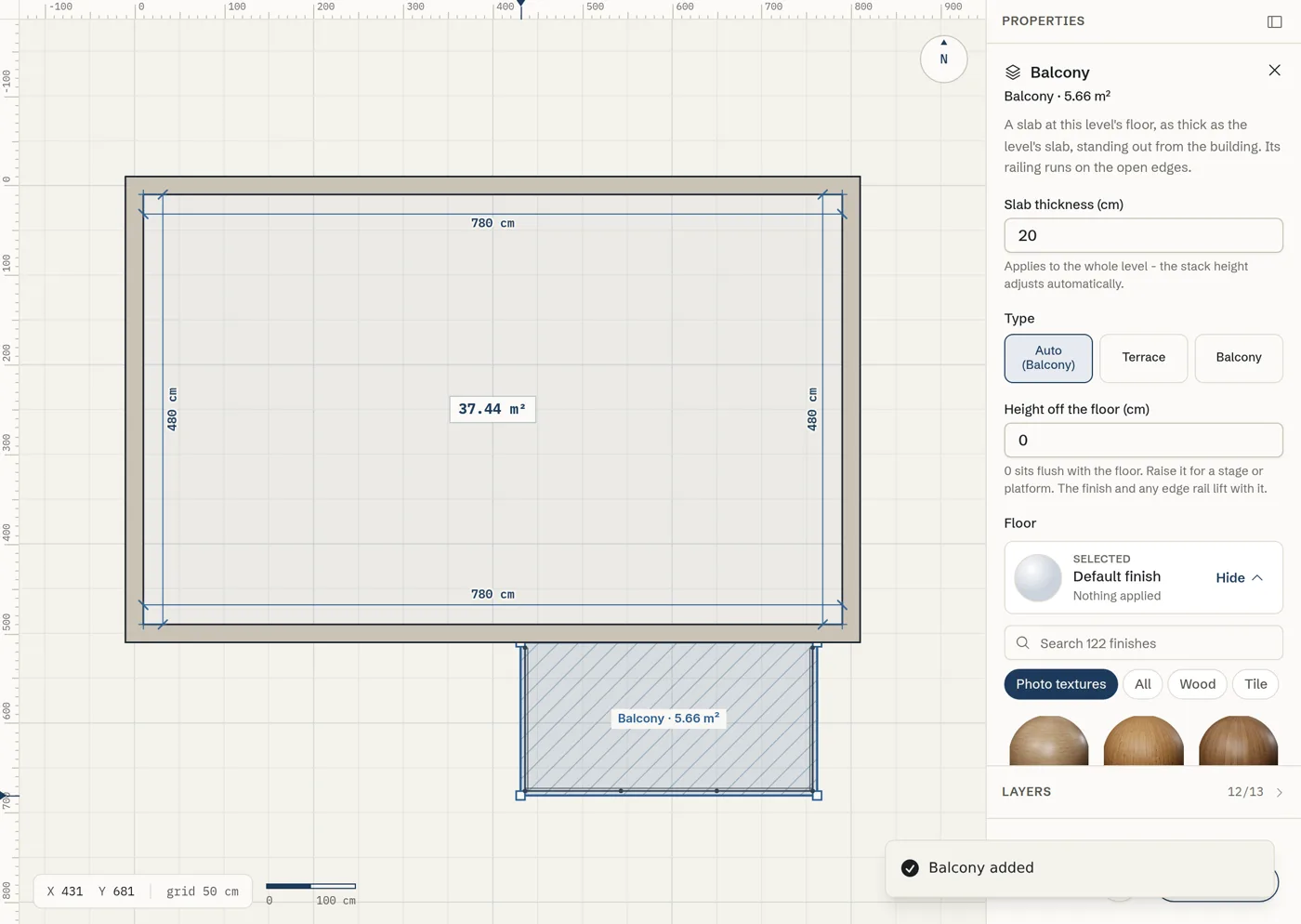 A new balcony on the plan, hatched and labelled with its area, with its Balcony panel open