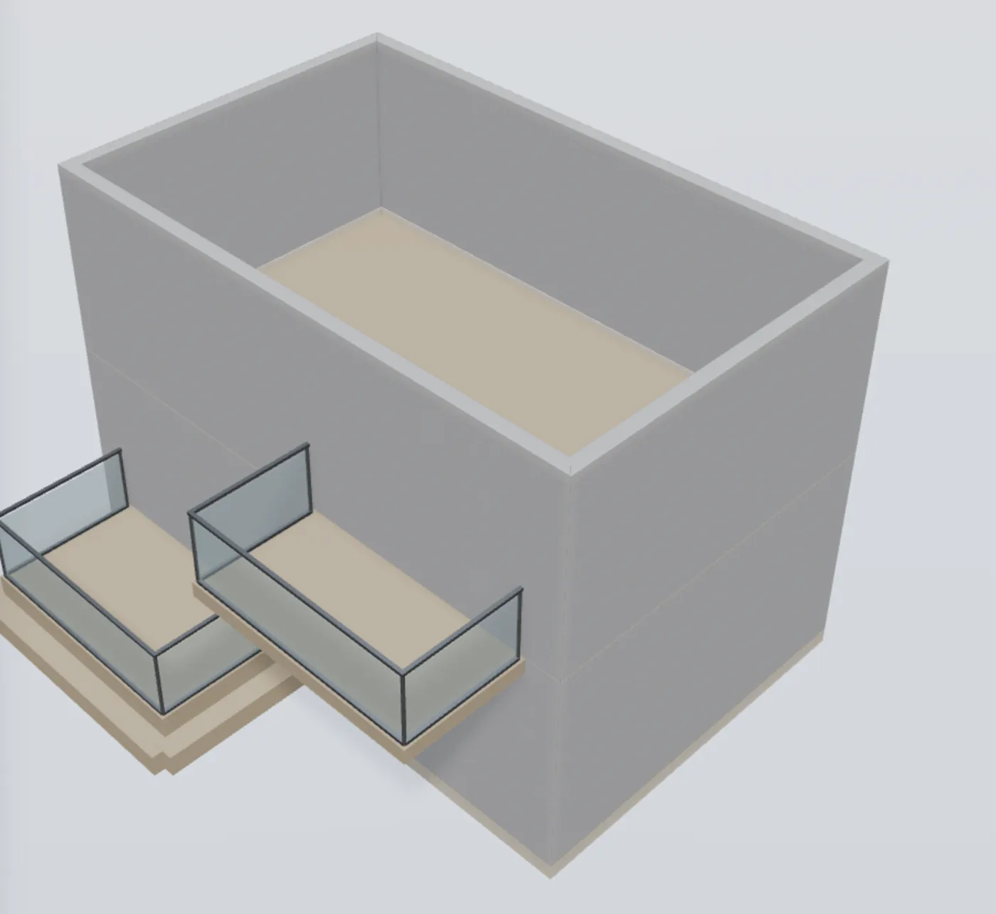 Balconies in 3D with glass railings on their three open edges, stopping at the facade