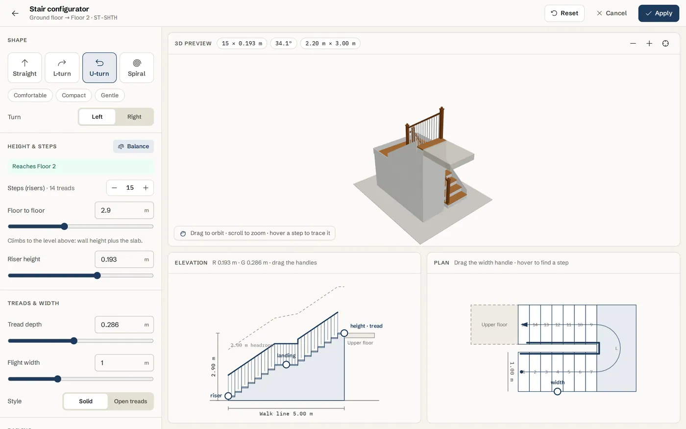 The Stair configurator with a 3D preview, a side elevation and a plan, and the Shape, Height & steps and Railing controls