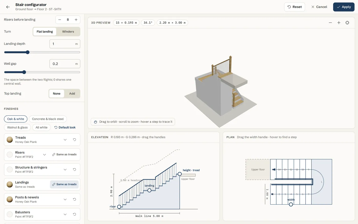 The Finishes section of the Stair configurator with a finish row per stair part and presets