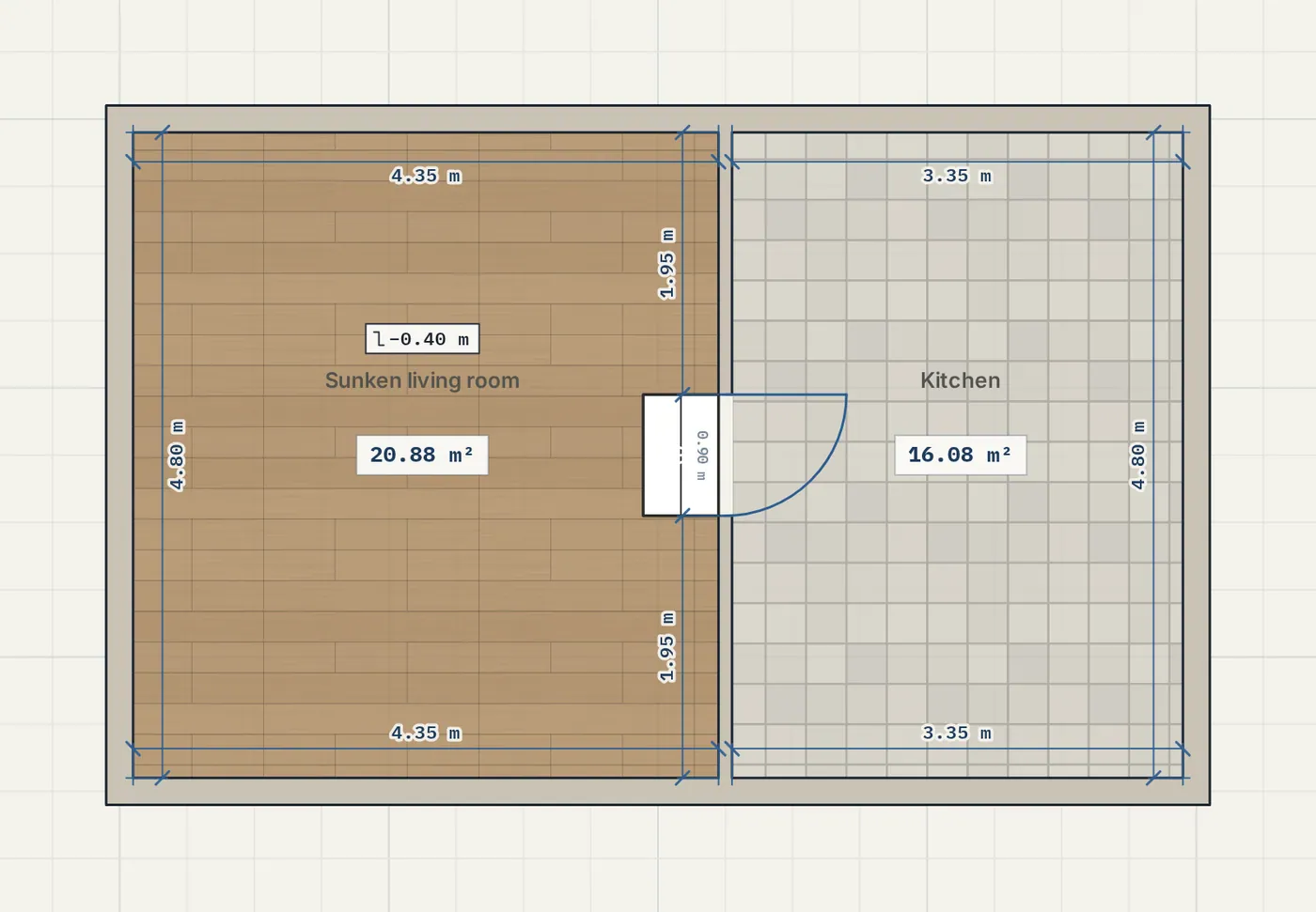A sunken living room on the plan with a step line at its edge and a minus 40 cm tag by the room name