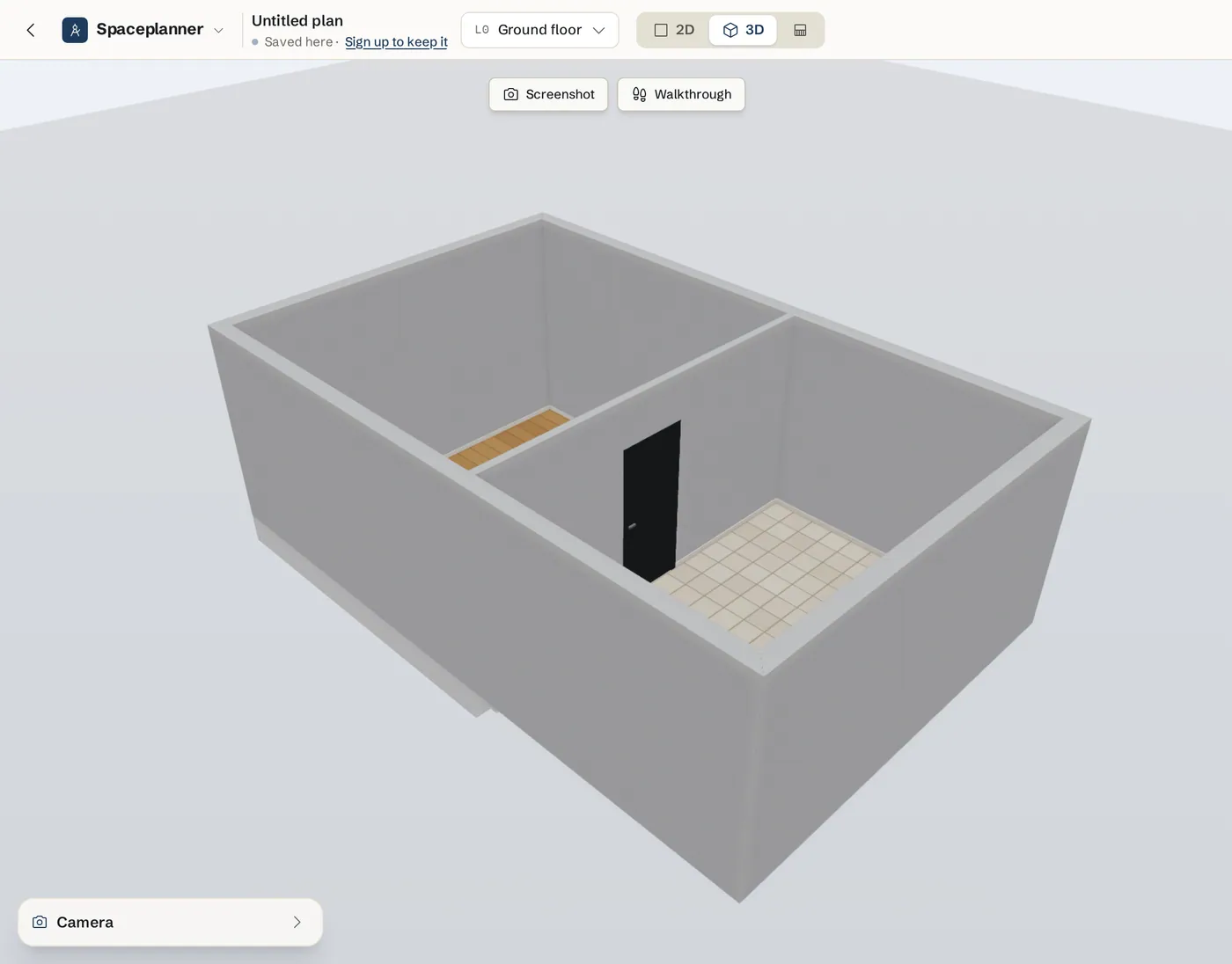 A 3D view of a sunken living room with connecting steps and walls reaching down to the lower floor