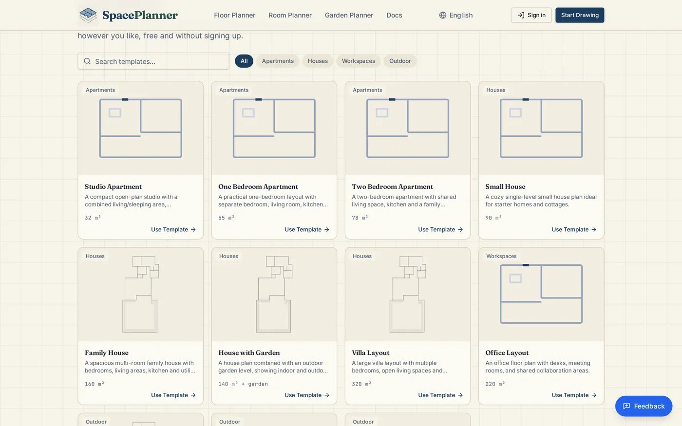 The Templates page with category filters, a search box and template cards with plan previews