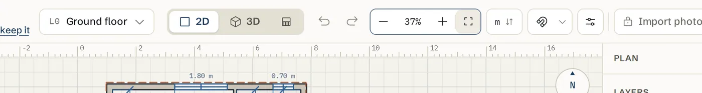 The top bar zoom controls: Zoom out, the zoom percentage, Zoom in and Fit plan to view