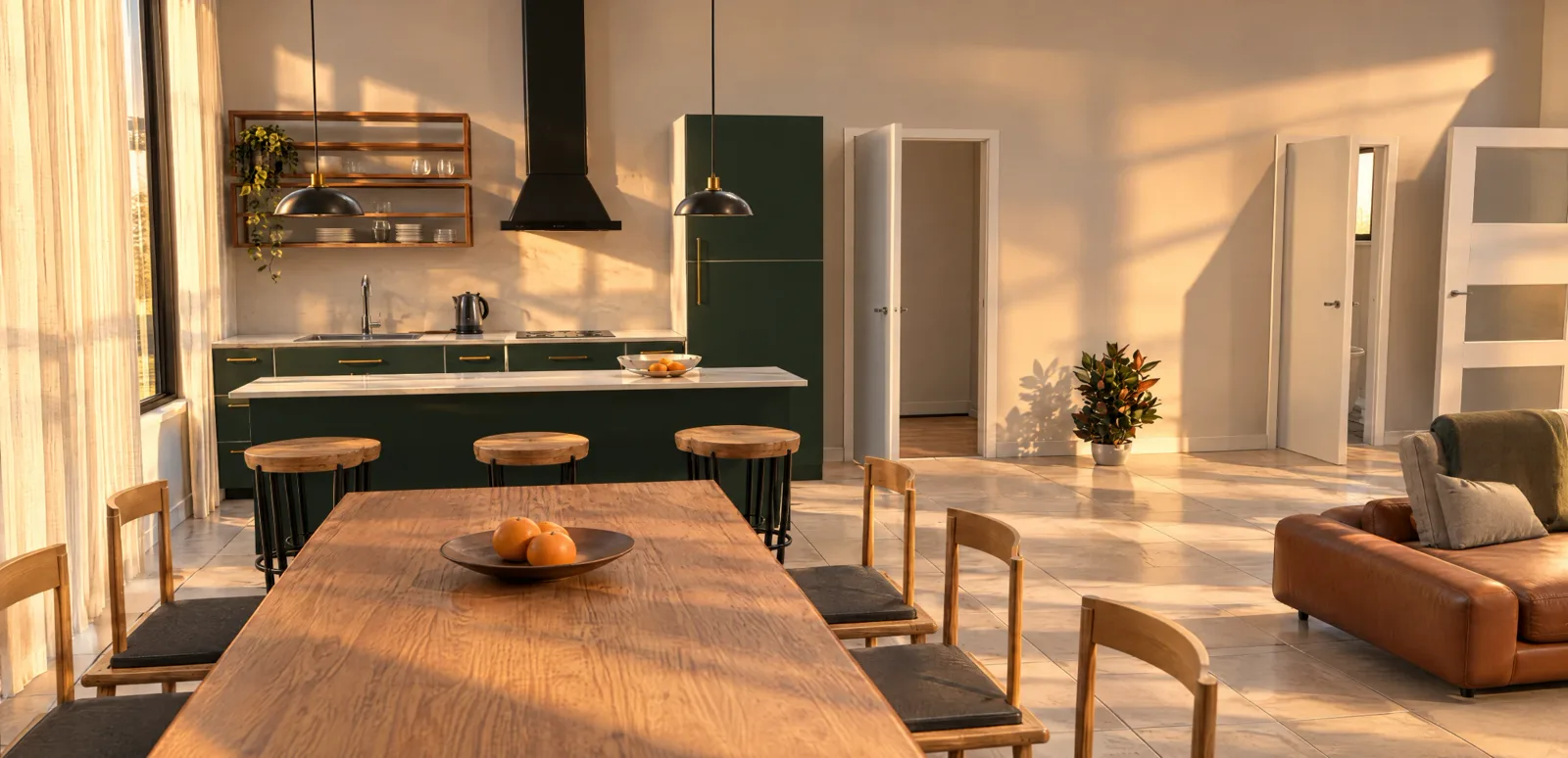 Photo-real AI render of the same kitchen, dining and living room