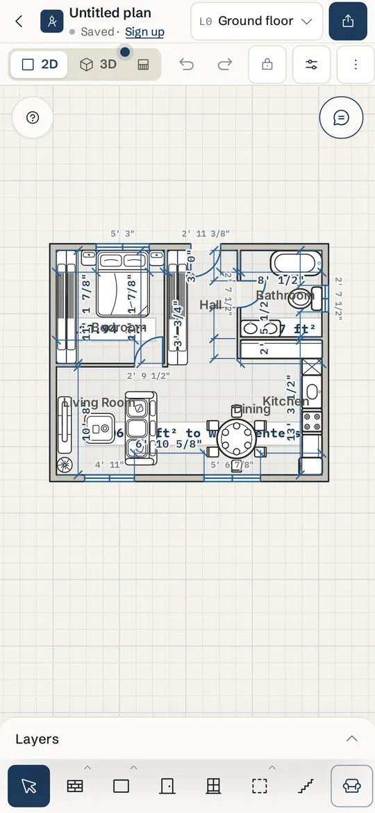 The SpacePlanner editor on a phone showing an apartment floor plan with dimensions