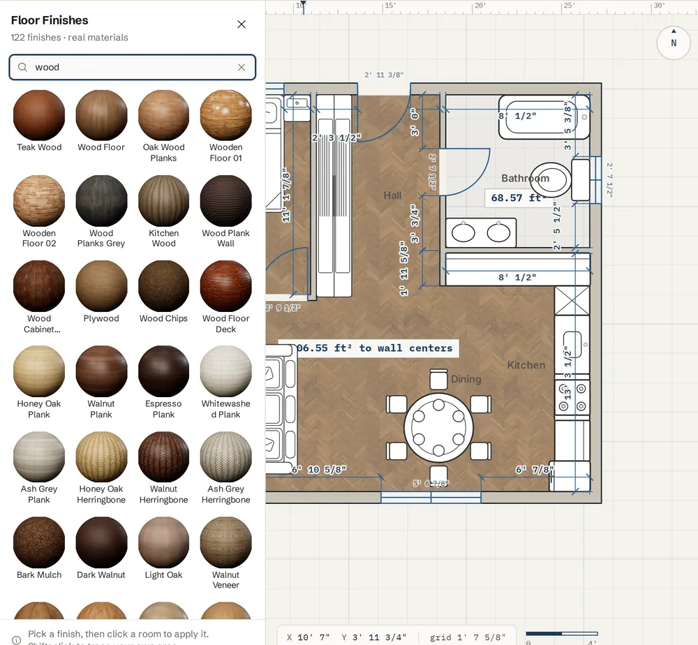 The Finish picker showing photo-real wood textures as sphere previews, beside an apartment plan with a herringbone parquet floor