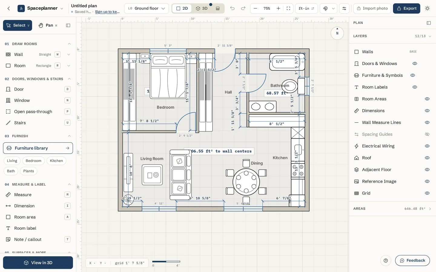 The SpacePlanner editor with a furnished apartment floor plan: bedroom, bathroom, hall, living room, dining area and kitchen, with dimensions in feet and inches