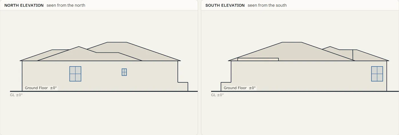 North and south elevations of a single storey house with a hip roof and windows
