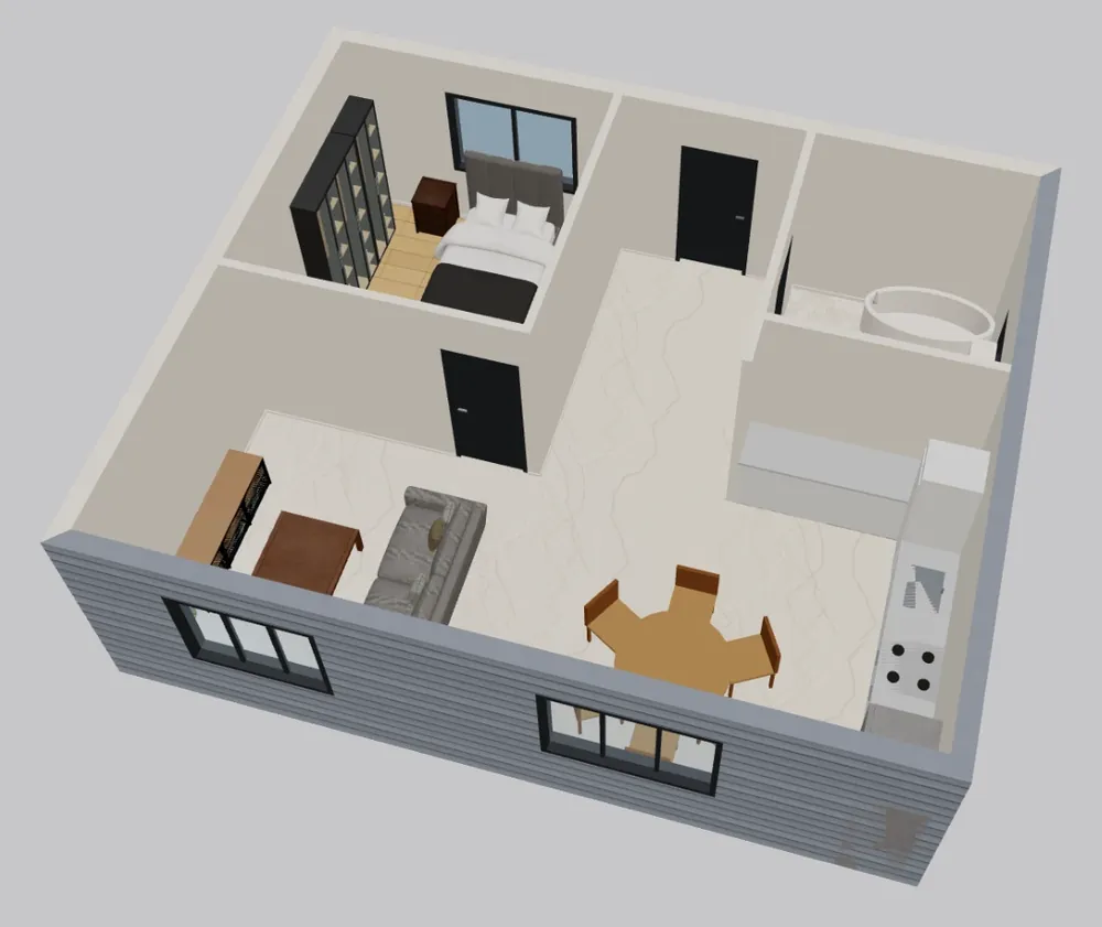 A furnished one bedroom apartment in 3D from above: bed and wardrobe, sofa, dining table, kitchen and a bathroom with a bath