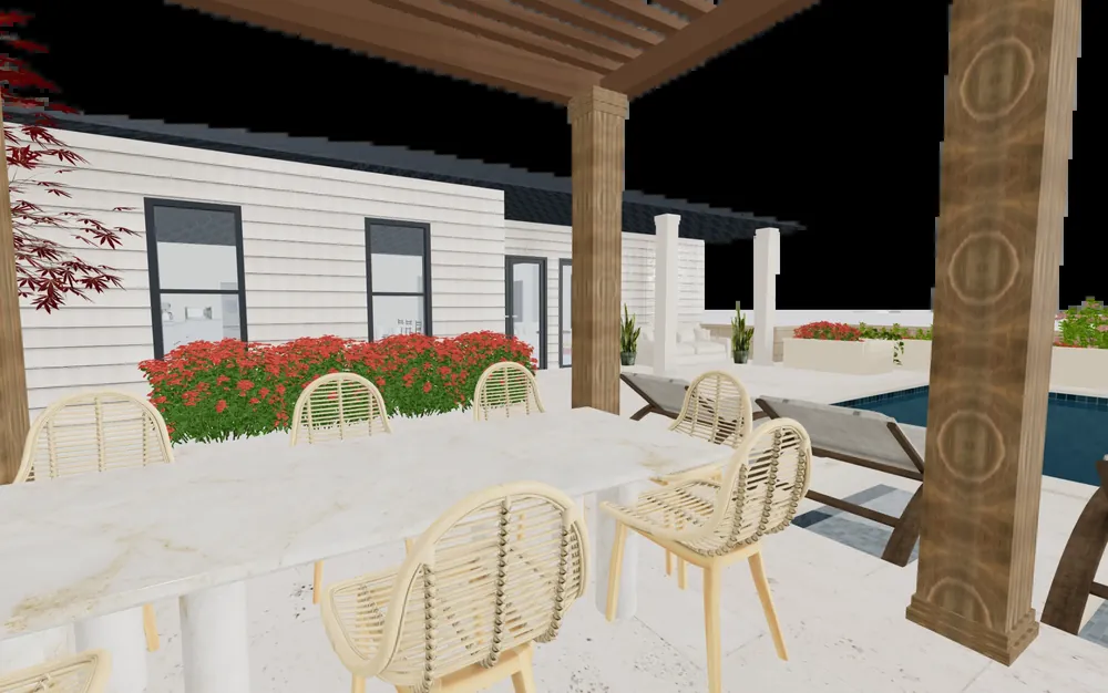 Eye-level 3D view under a timber pergola: a marble dining table with rattan chairs, the house and pool behind