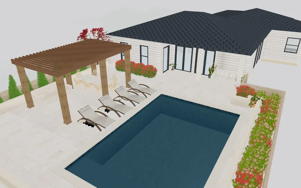 A single storey house in 3D with a dark hip roof, a timber pergola over a dining table, a pool with sun loungers and flower beds