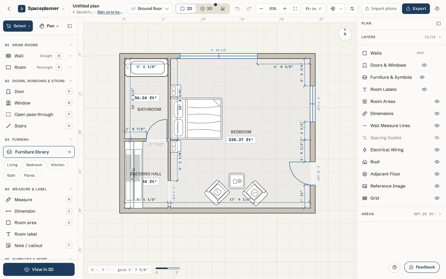 The SpacePlanner editor with a bedroom, bathroom and dressing area drawn to scale, every wall labelled with its length in feet and inches