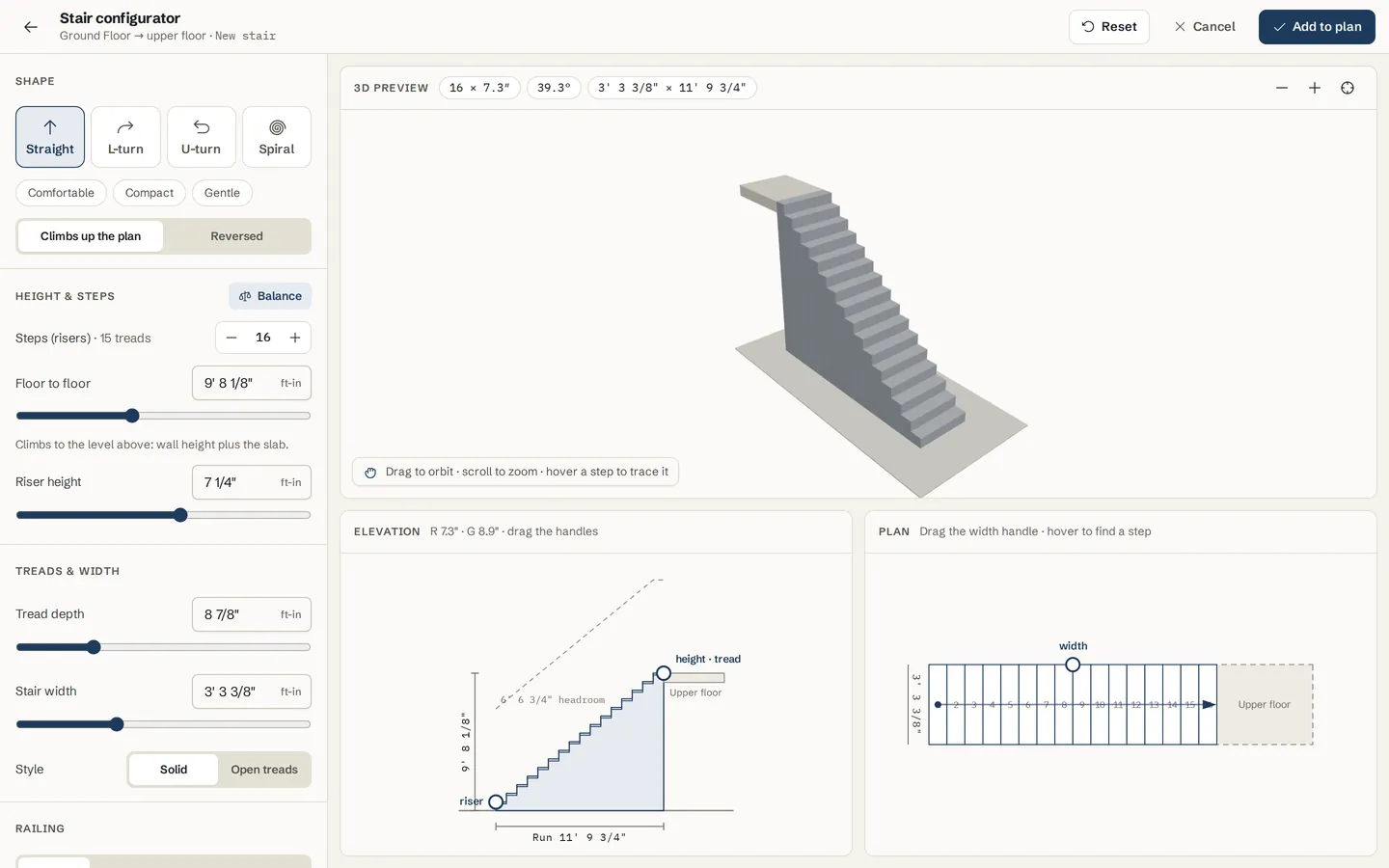 The stair configurator with a straight staircase in 3D, its elevation with riser and tread sizes, and its plan